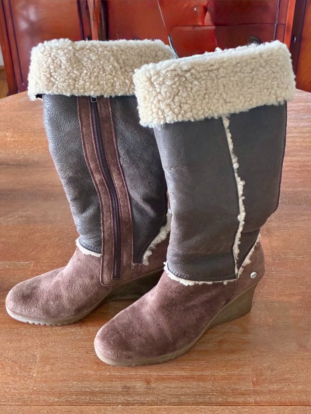 UGG Womens Suede & Leather Aubrie Tall Wedge Boots Size 8 - Picture 2 of 10